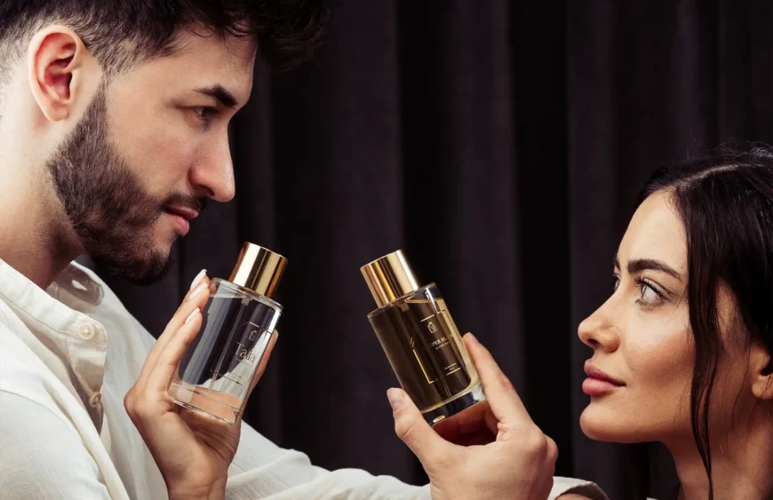 a man and woman holding bottles of perfume